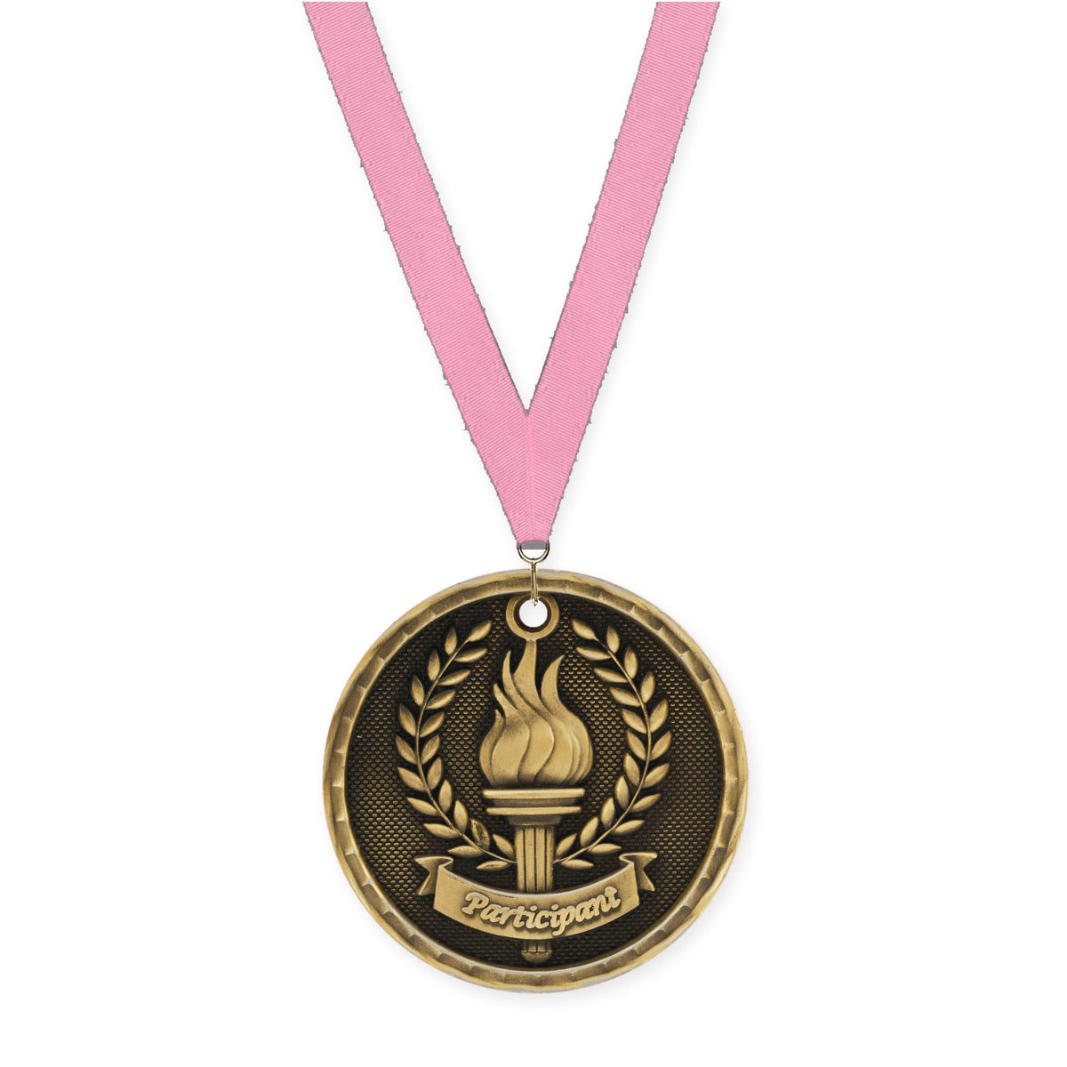 2 inch Participant 3-D medal in antique gold with Pink neck ribbon