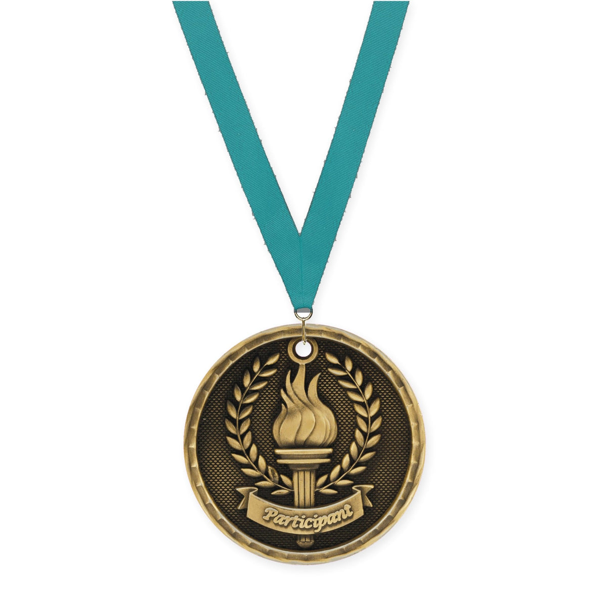 2 inch Participant 3-D medal in antique gold with Teal neck ribbon