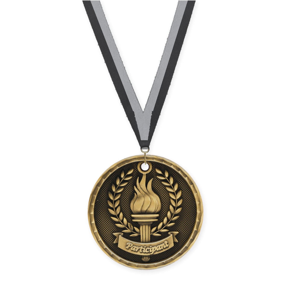 2 inch Participant 3-D medal in antique gold with Black Gray neck ribbon