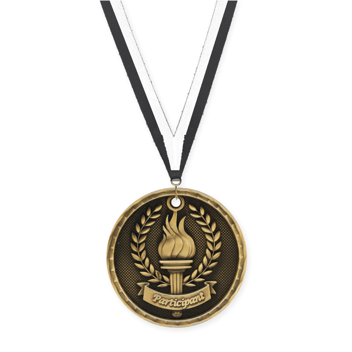 2 inch Participant 3-D medal in antique gold with Black White neck ribbon