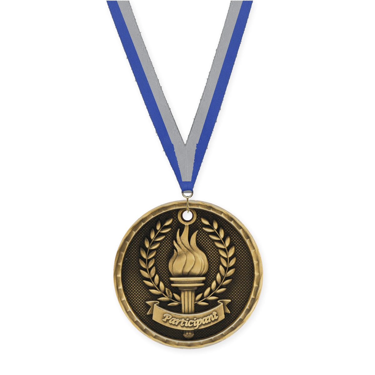 2 inch Participant 3-D medal in antique gold with Blue Gray neck ribbon
