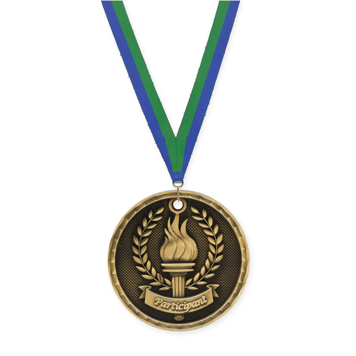 2 inch Participant 3-D medal in antique gold with Blue Green neck ribbon