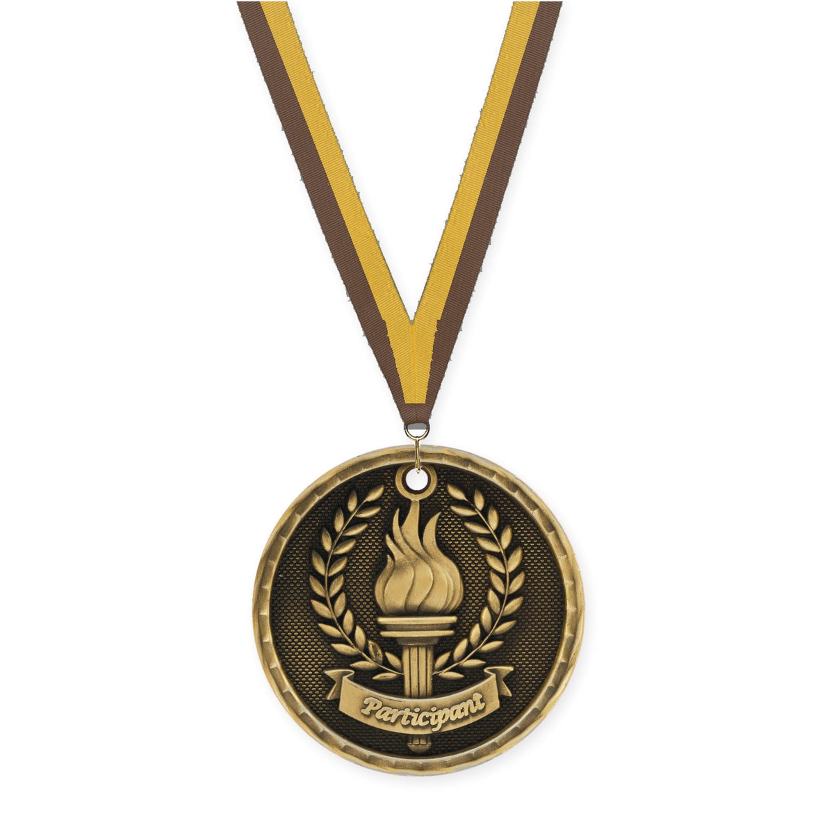 2 inch Participant 3-D medal in antique gold with Brown Gold neck ribbon