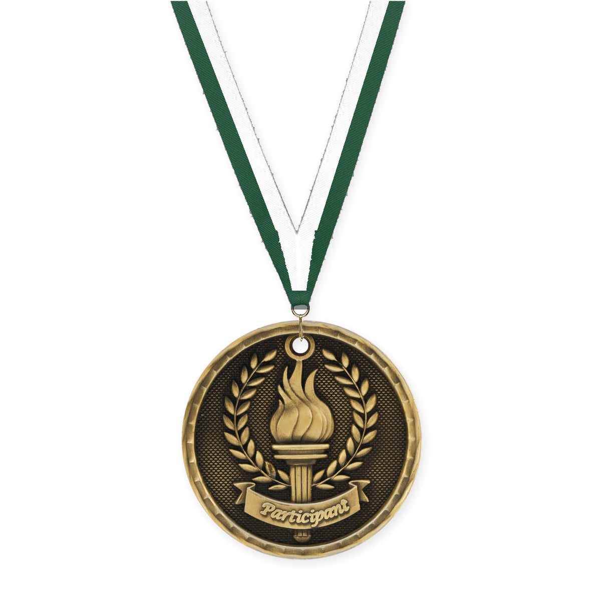 2 inch Participant 3-D medal in antique gold with Hunter Green White neck ribbon