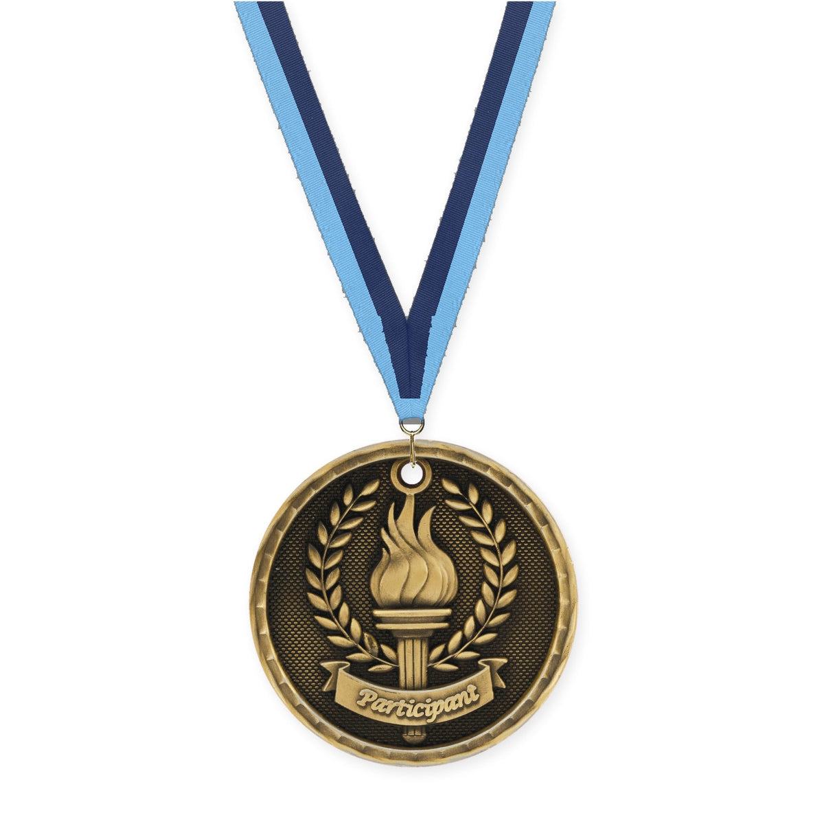 2 inch Participant 3-D medal in antique gold with Light Blue Navy neck ribbon