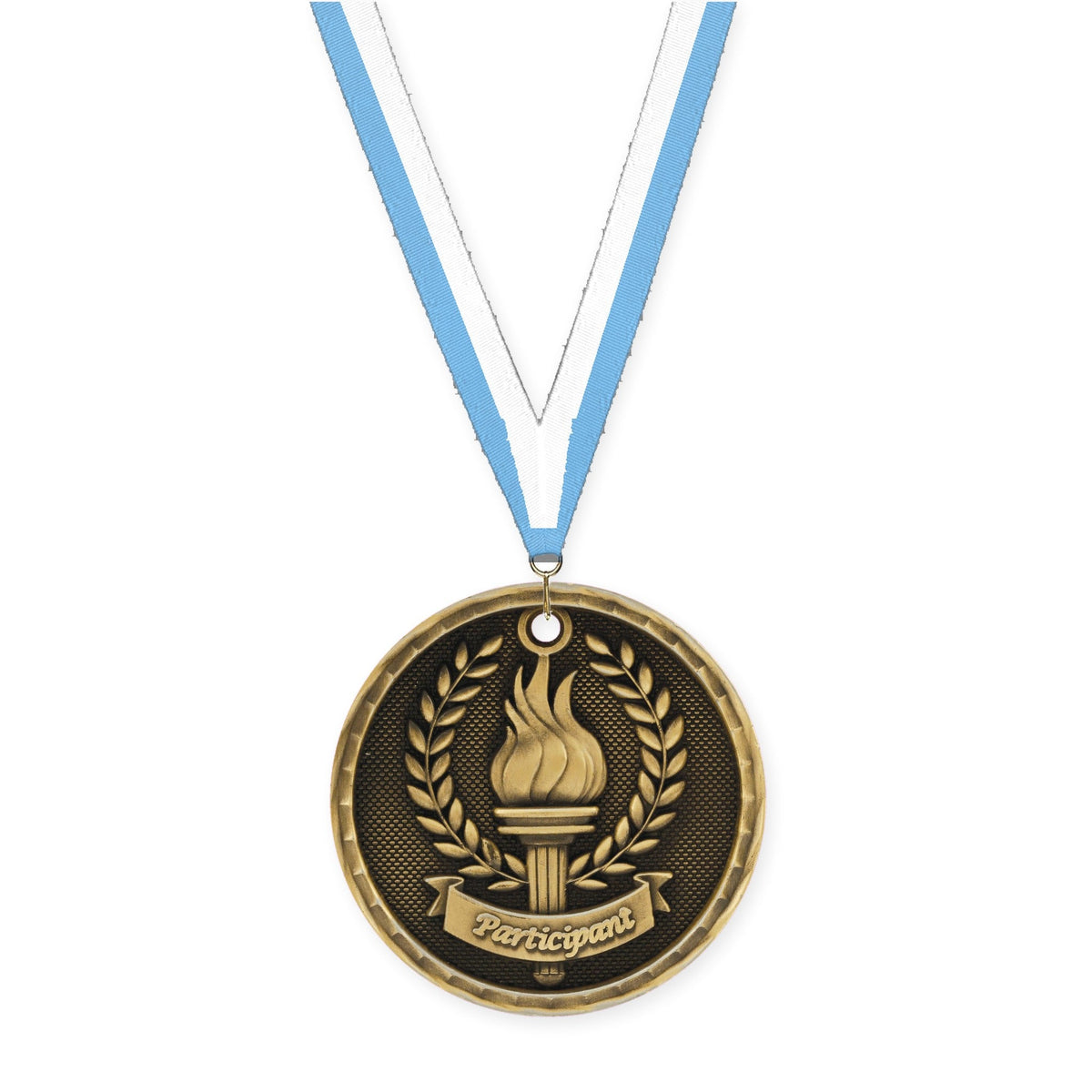 2 inch Participant 3-D medal in antique gold with Light Blue White neck ribbon