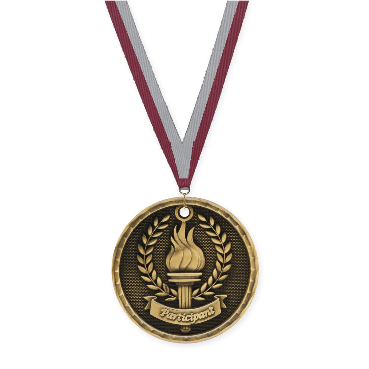 2 inch Participant 3-D medal in antique gold with Maroon Gray neck ribbon