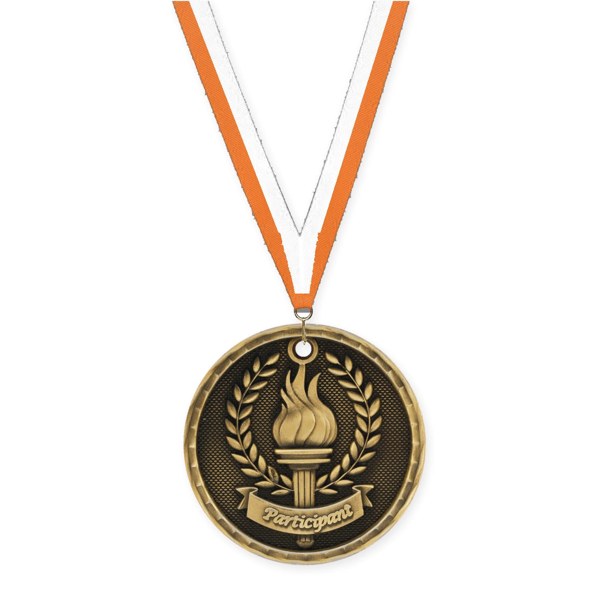 2 inch Participant 3-D medal in antique gold with Orange White neck ribbon