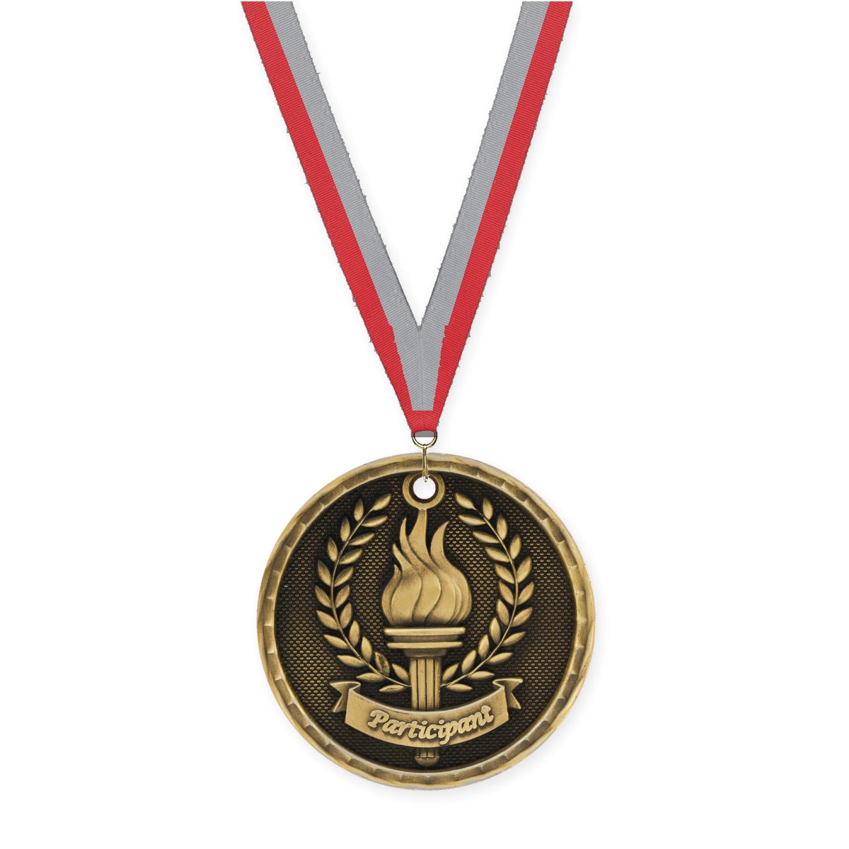 2 inch Participant 3-D medal in antique gold with Red Gray neck ribbon