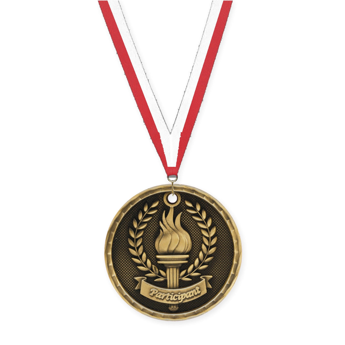 2 inch Participant 3-D medal in antique gold with Red White neck ribbon