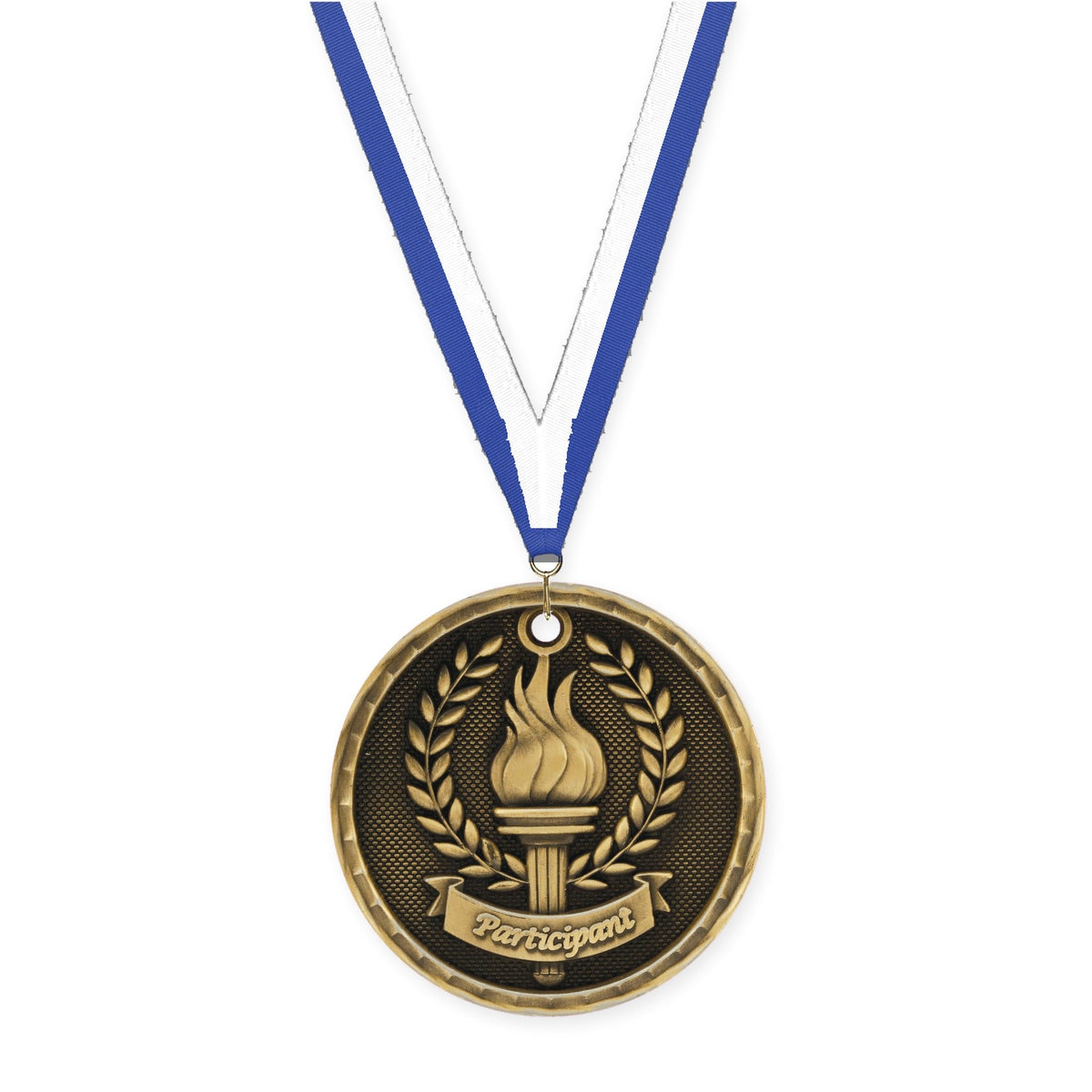2 inch Participant 3-D medal in antique gold with Blue White neck ribbon
