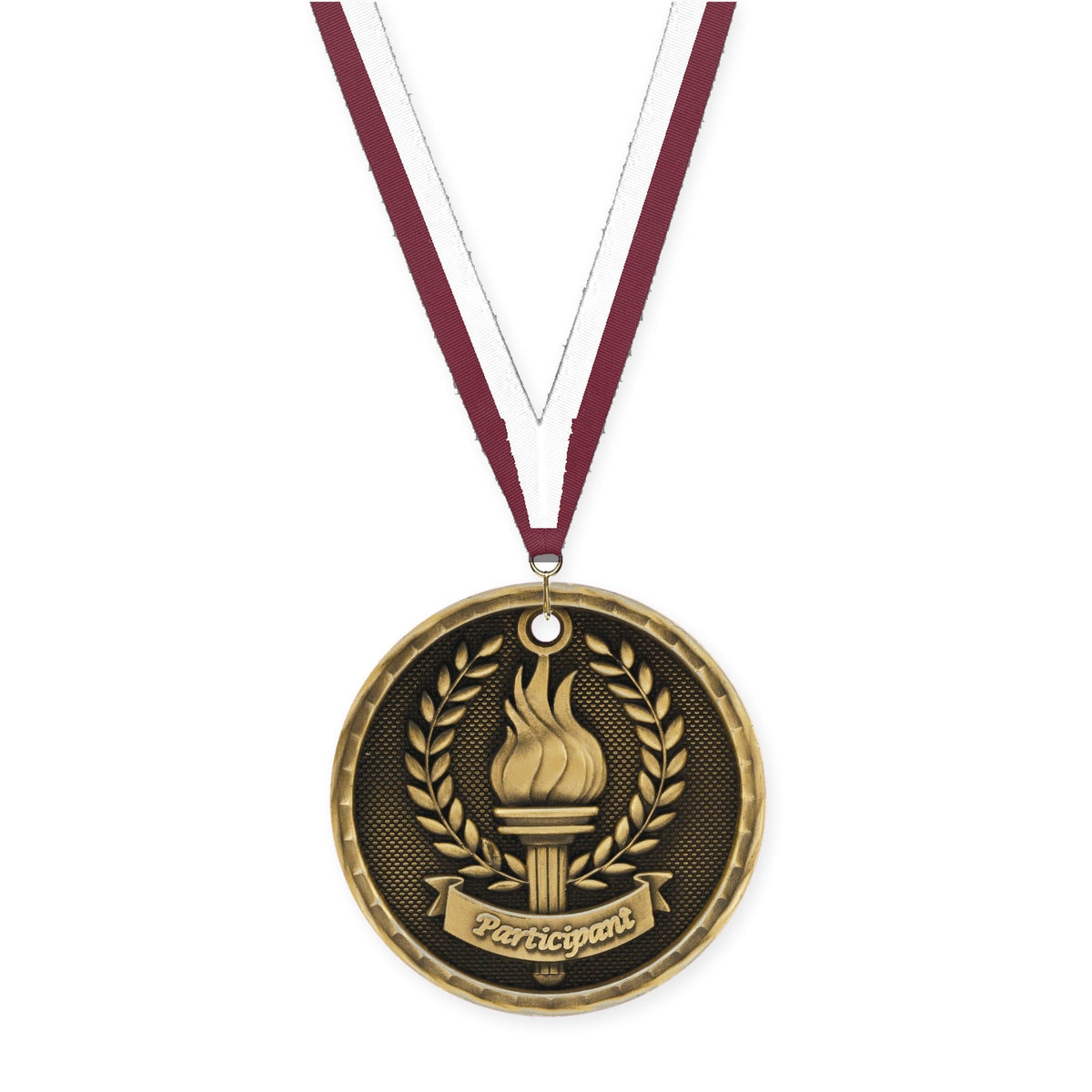 2 inch Participant 3-D medal in antique gold with Maroon White neck ribbon