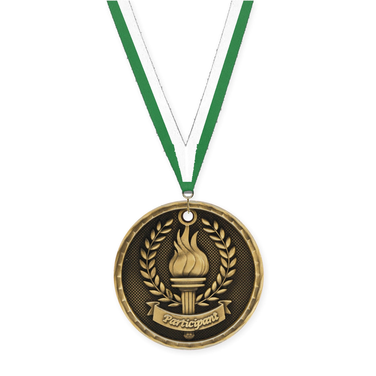 2 inch Participant 3-D medal in antique gold with Green White neck ribbon