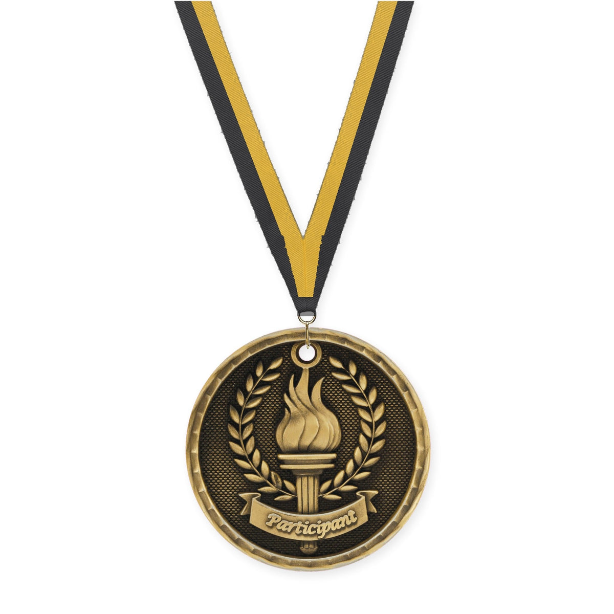 2 inch Participant 3-D medal in antique gold with Black Gold neck ribbon