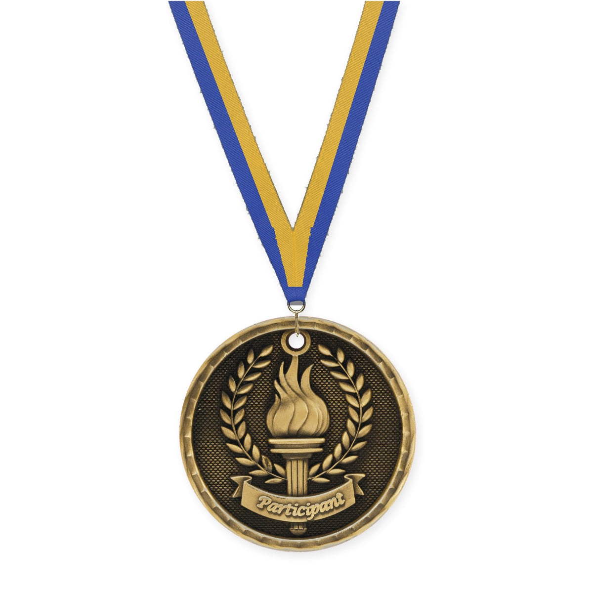 2 inch Participant 3-D medal in antique gold with Blue Gold neck ribbon