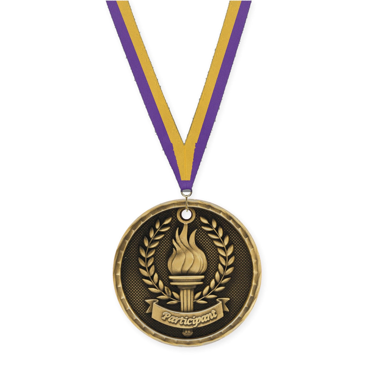 2 inch Participant 3-D medal in antique gold with Purple Gold neck ribbon