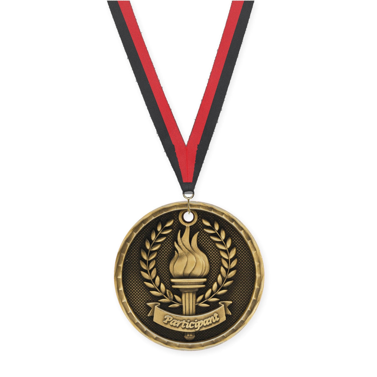 2 inch Participant 3-D medal in antique gold with Black Red neck ribbon