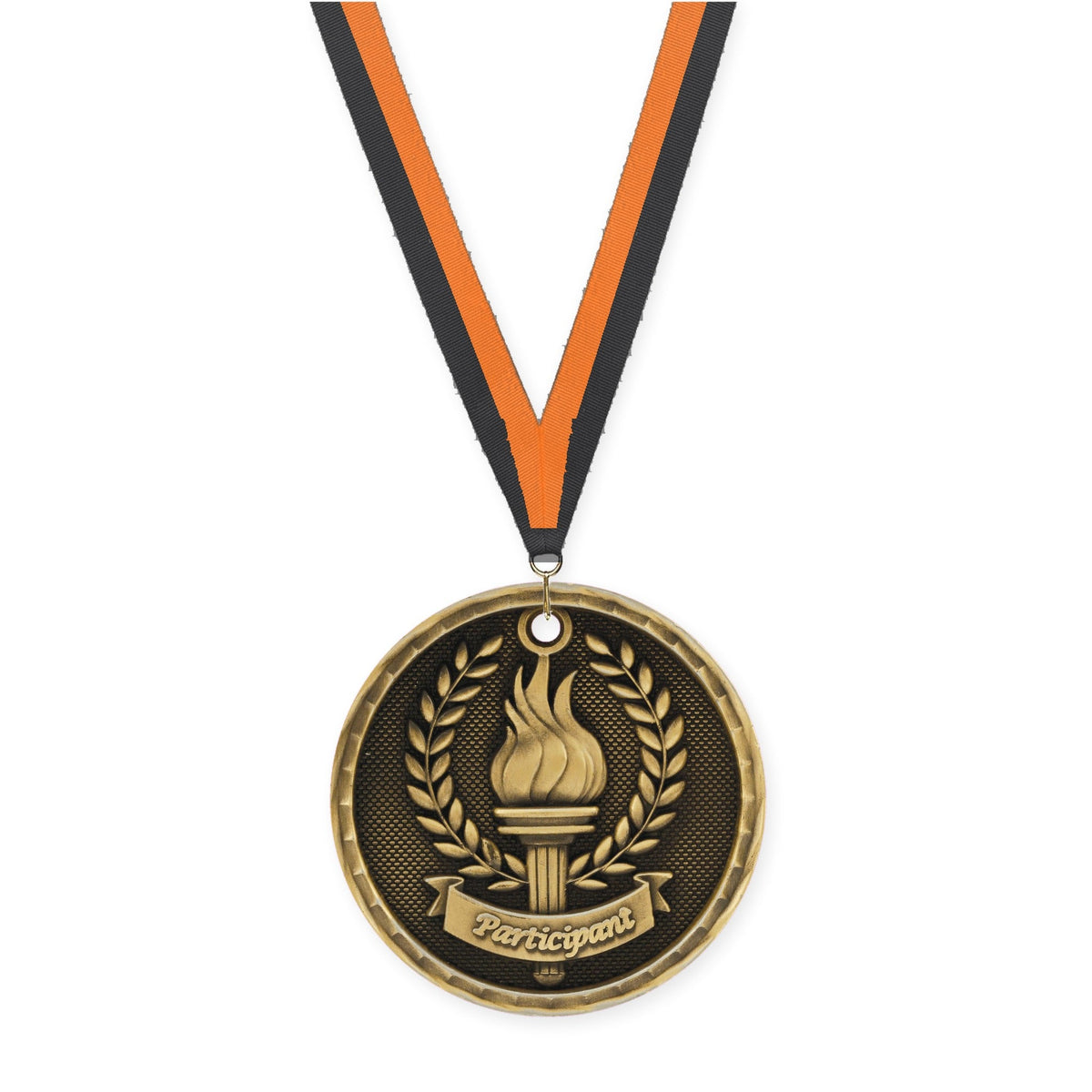 2 inch Participant 3-D medal in antique gold with Black Orange neck ribbon