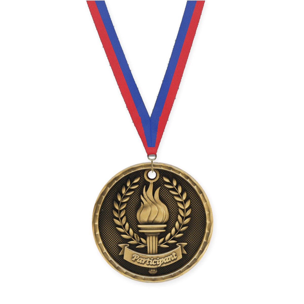 2 inch Participant 3-D medal in antique gold with Blue Red neck ribbon