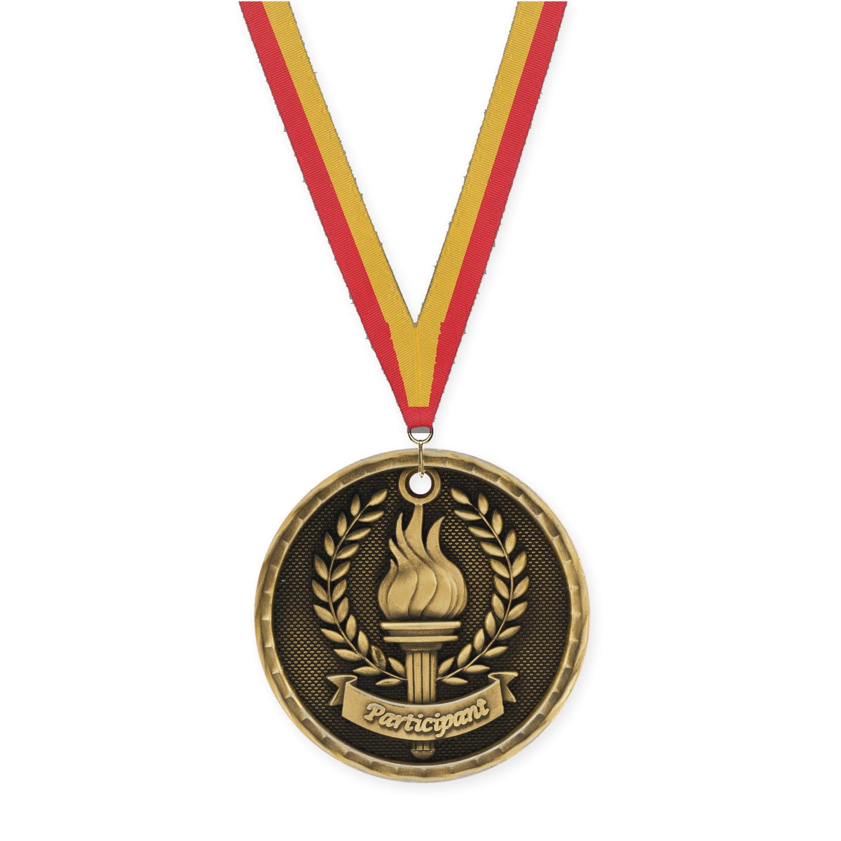 2 inch Participant 3-D medal in antique gold with Red Gold neck ribbon