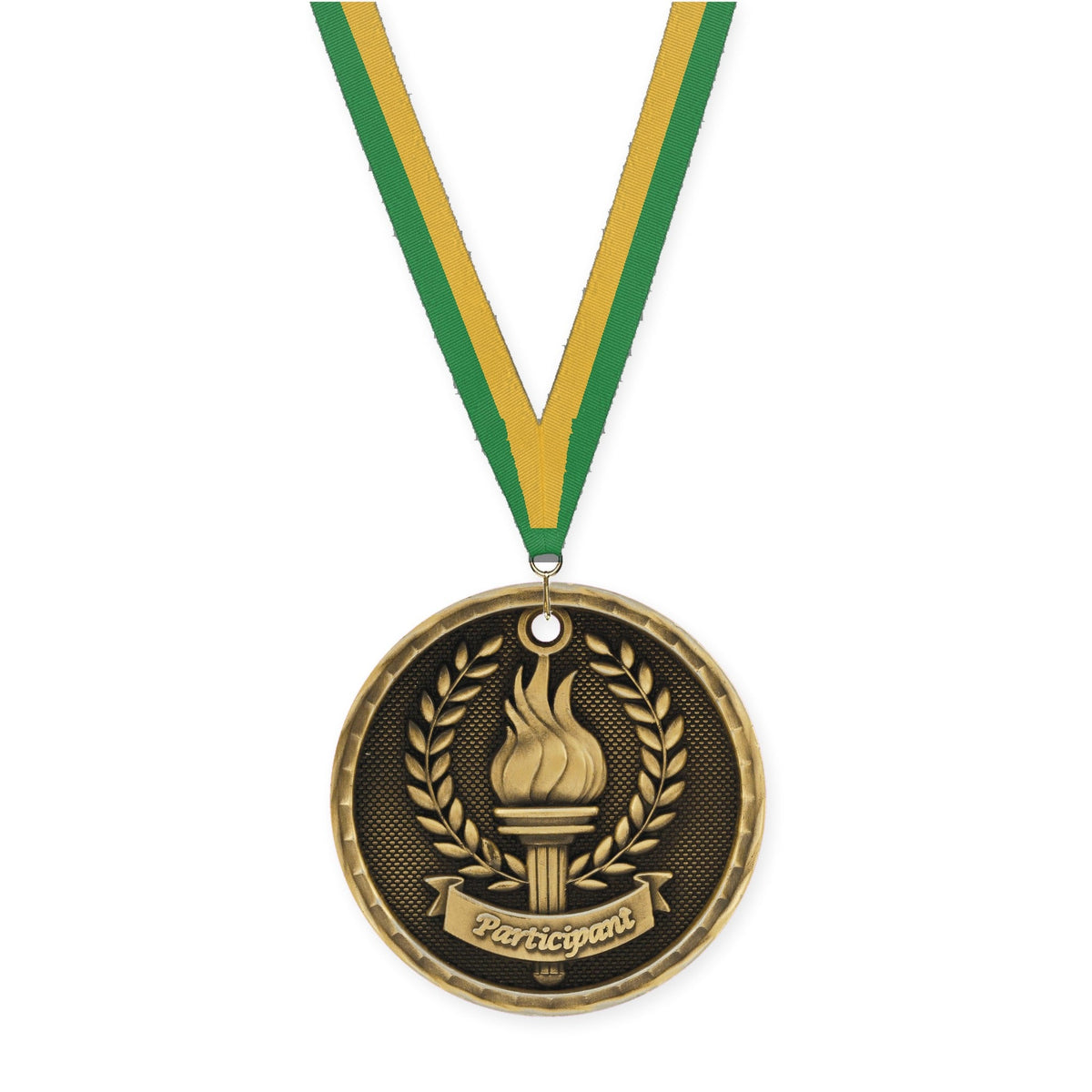 2 inch Participant 3-D medal in antique gold with Green Gold neck ribbon