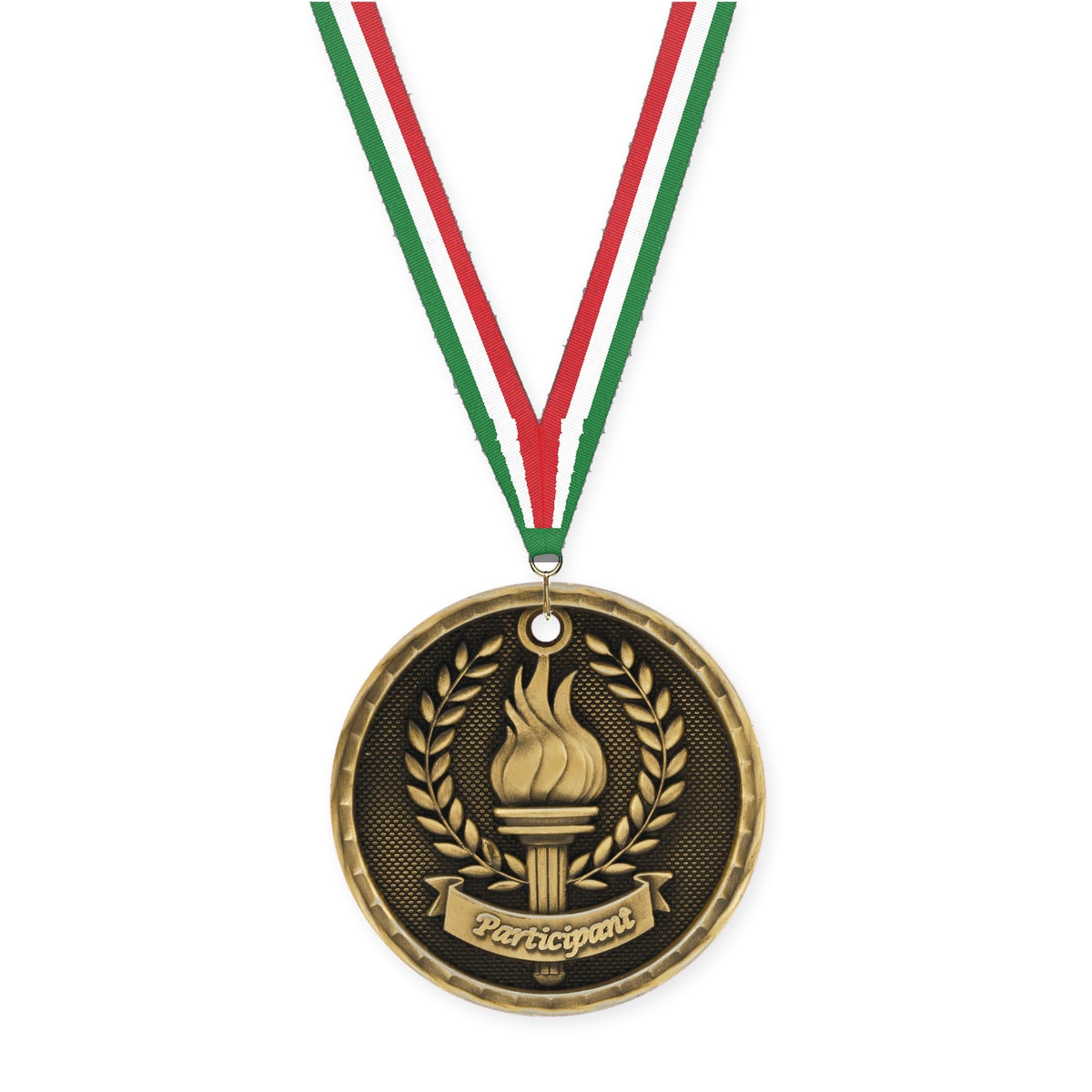2 inch Participant 3-D medal in antique gold with Green White Red neck ribbon