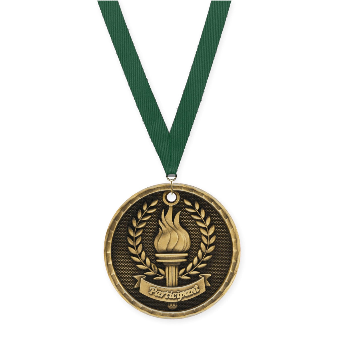 2 inch Participant 3-D medal in antique gold with Hunter Green neck ribbon