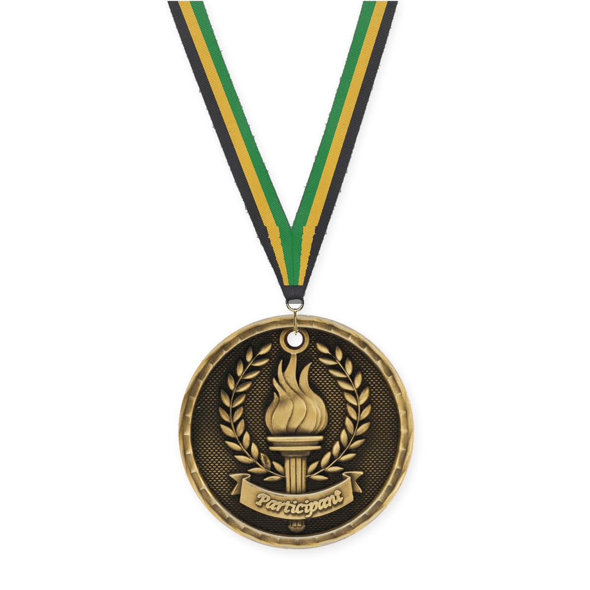 2 inch Participant 3-D medal in antique gold with Black Gold Green neck ribbon