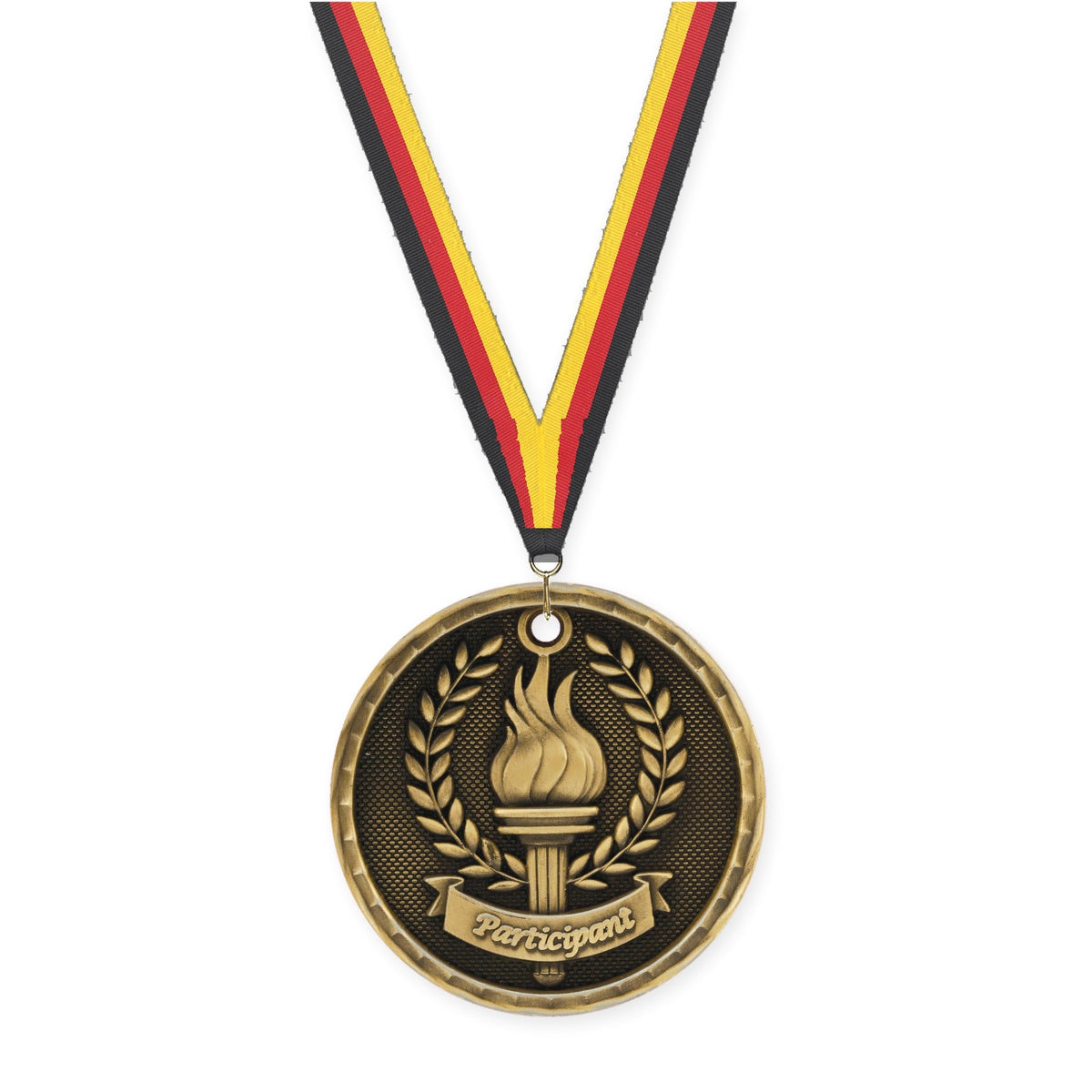 2 inch Participant 3-D medal in antique gold with Black Red Yellow neck ribbon