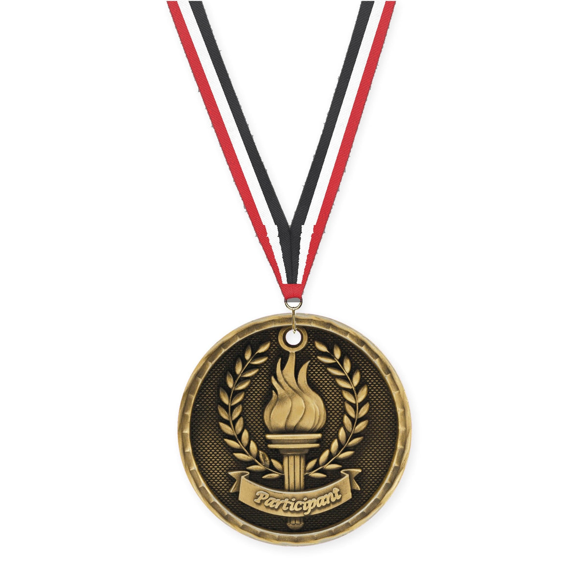 2 inch Participant 3-D medal in antique gold with Red White Black neck ribbon