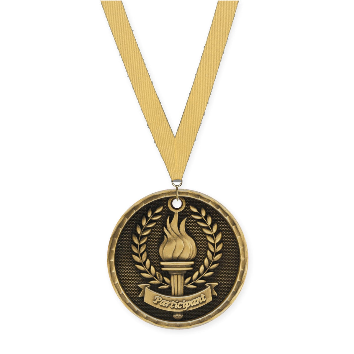 2 inch Participant 3-D medal in antique gold with Gold Metallic neck ribbon
