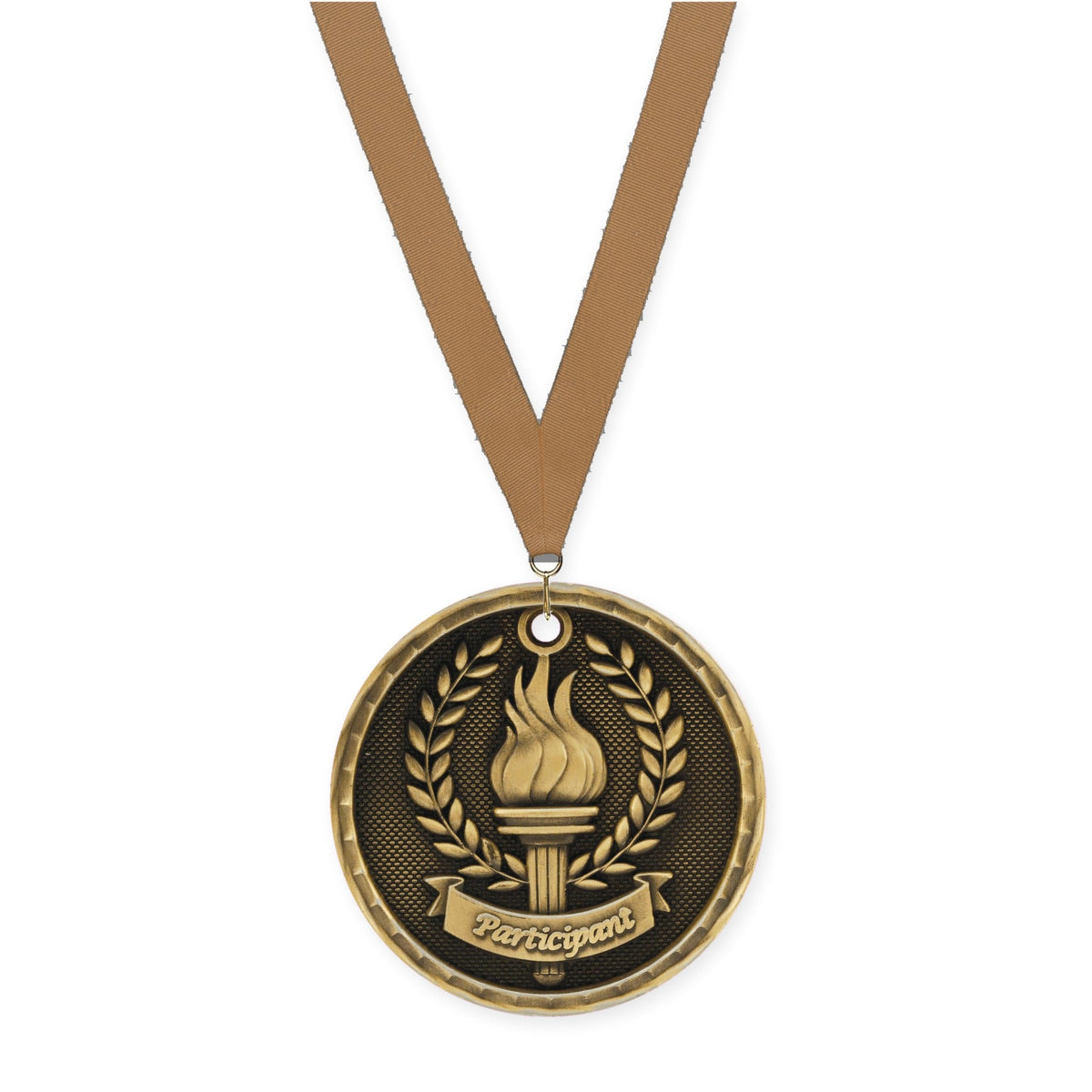 2 inch Participant 3-D medal in antique gold with Bronze Metallic neck ribbon