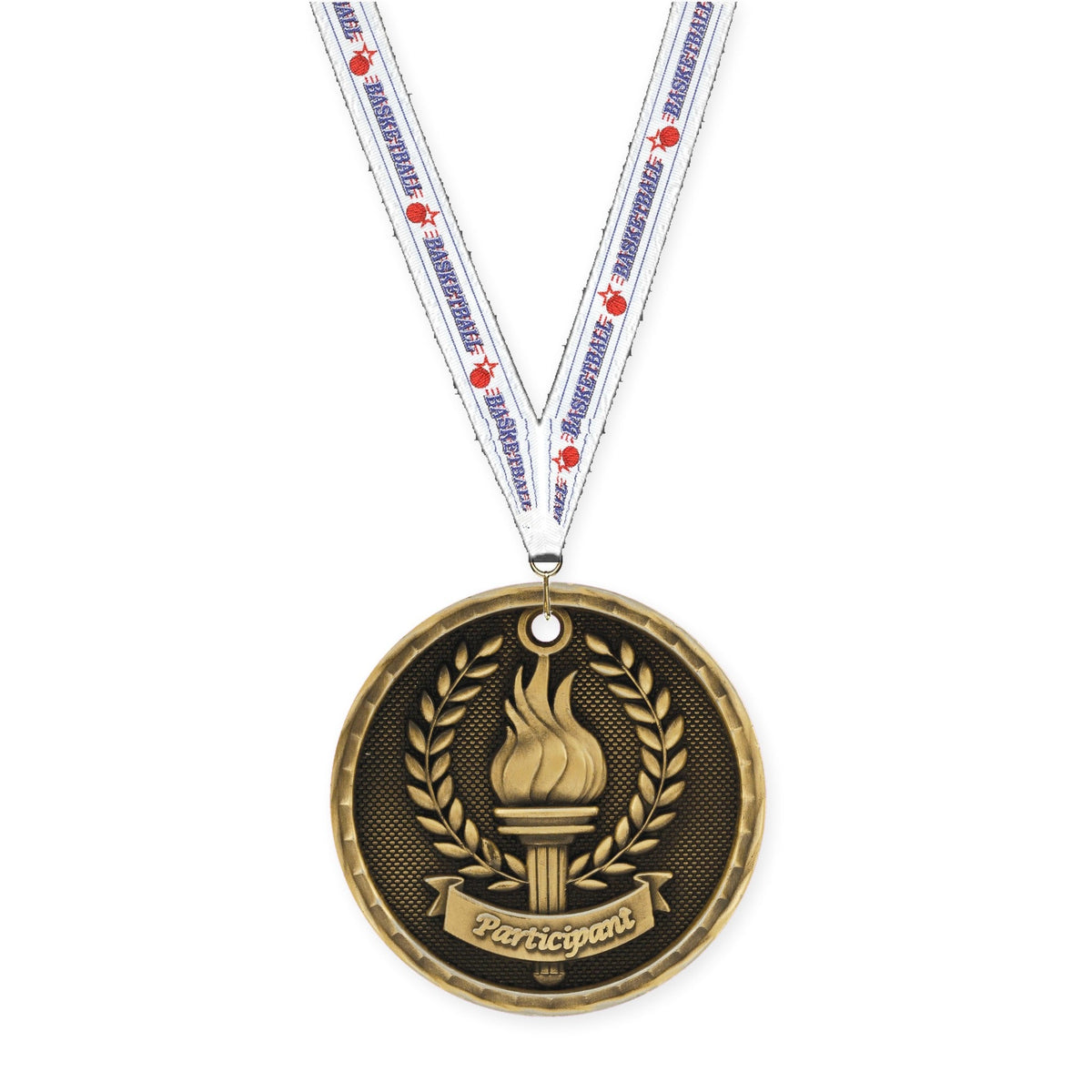 2 inch Participant 3-D medal in antique gold with Basketball neck ribbon