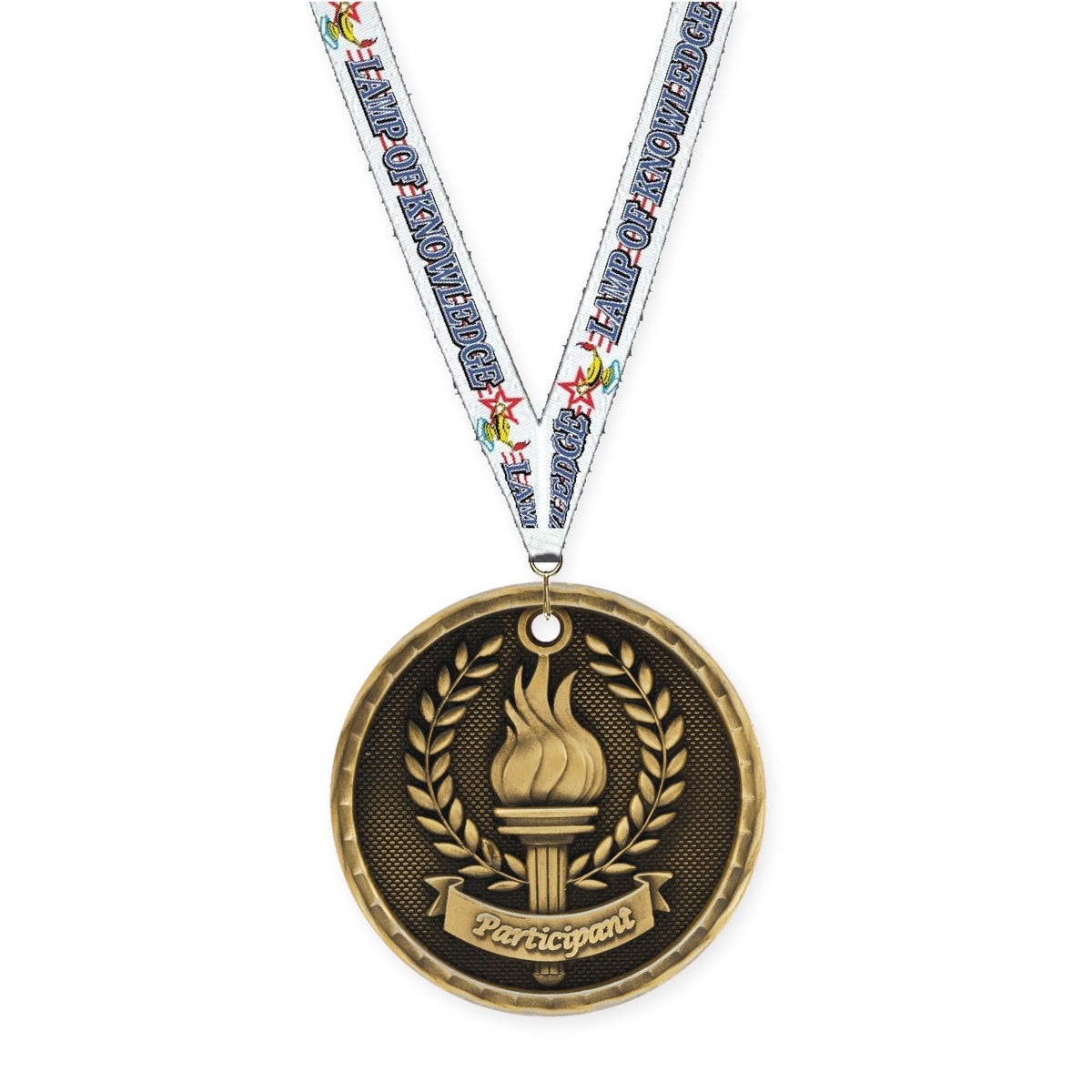 2 inch Participant 3-D medal in antique gold with Lamp Of Knowledge neck ribbon