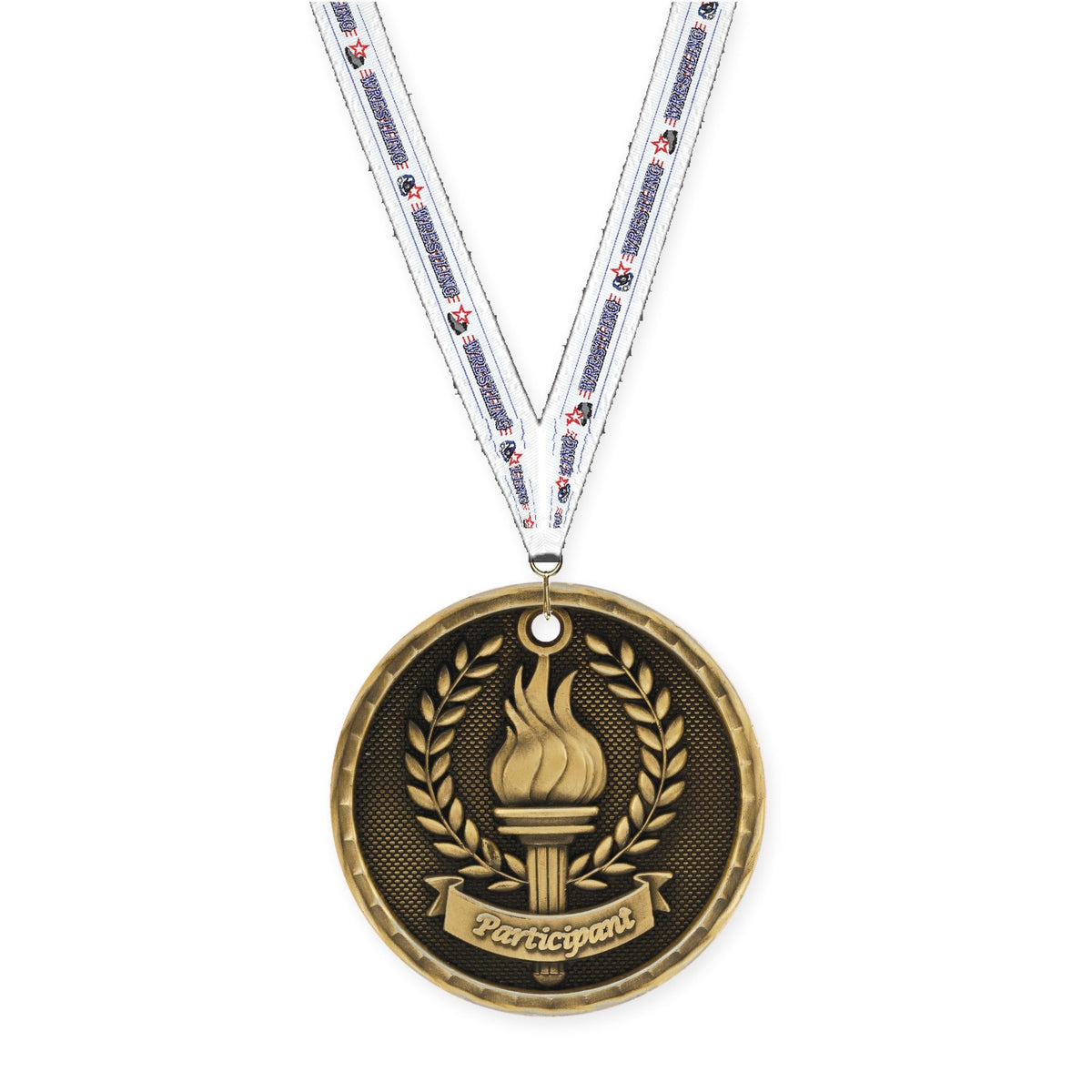 2 inch Participant 3-D medal in antique gold with Wrestling neck ribbon