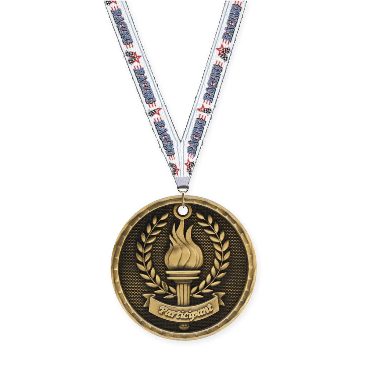 2 inch Participant 3-D medal in antique gold with Auto Racing neck ribbon