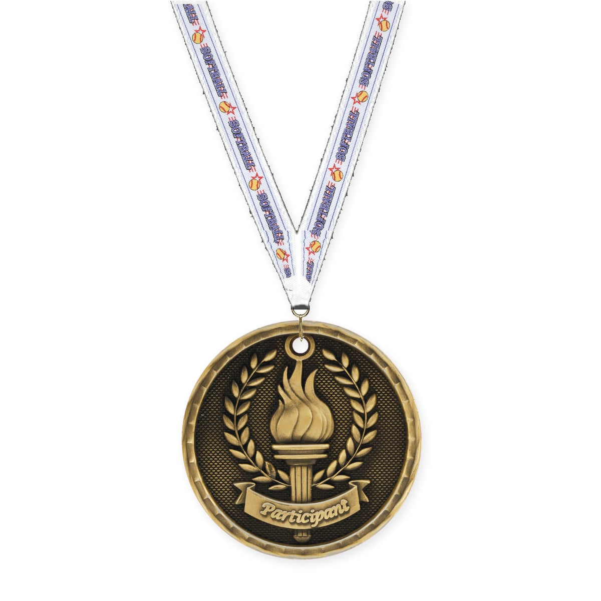 2 inch Participant 3-D medal in antique gold with Softball neck ribbon