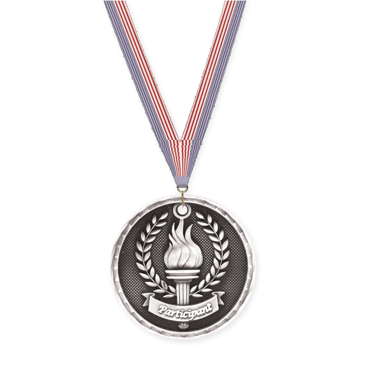 2 inch Participant 3-D medal in antique silver with USA Flag neck ribbon