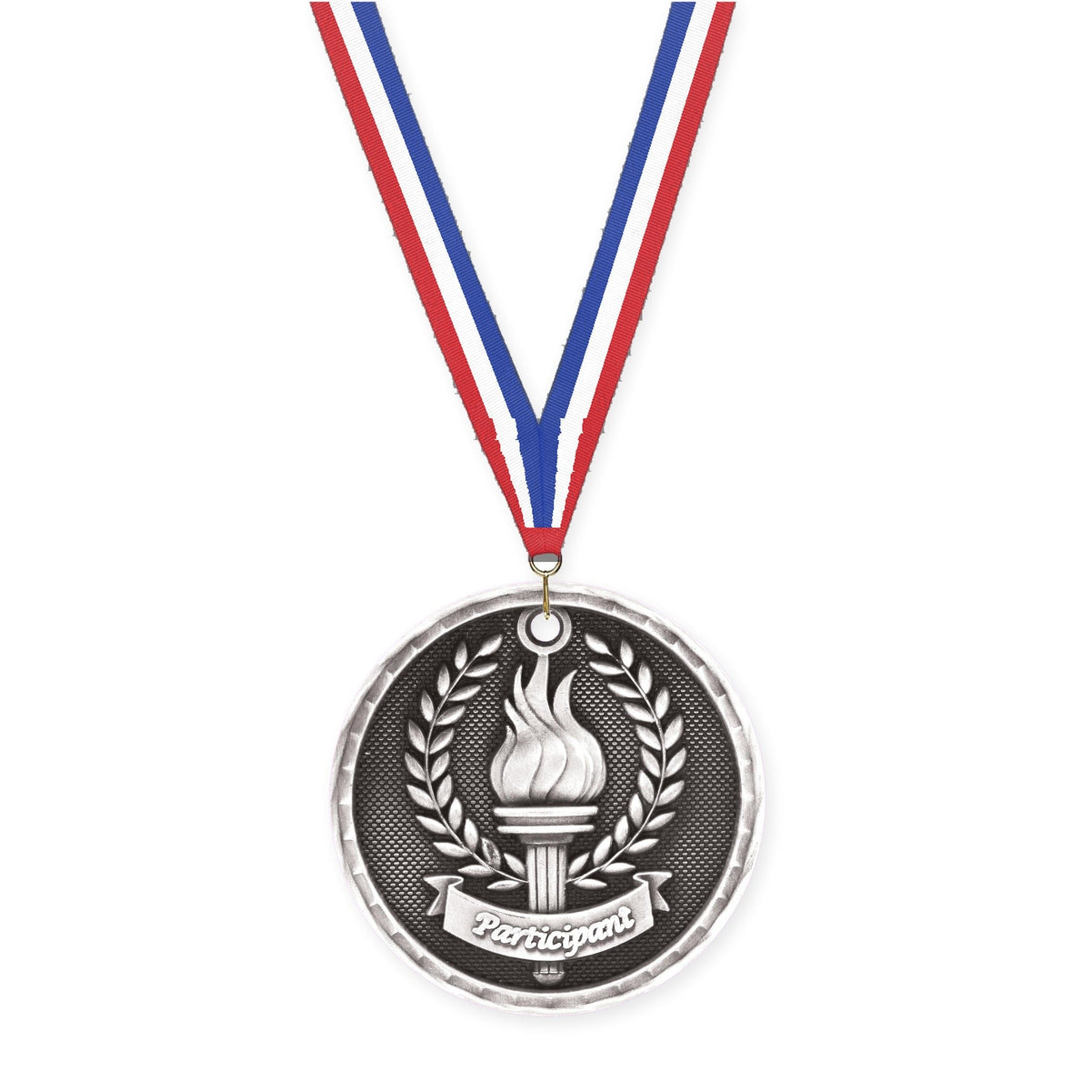 2 inch Participant 3-D medal in antique silver with Red White Blue neck ribbon