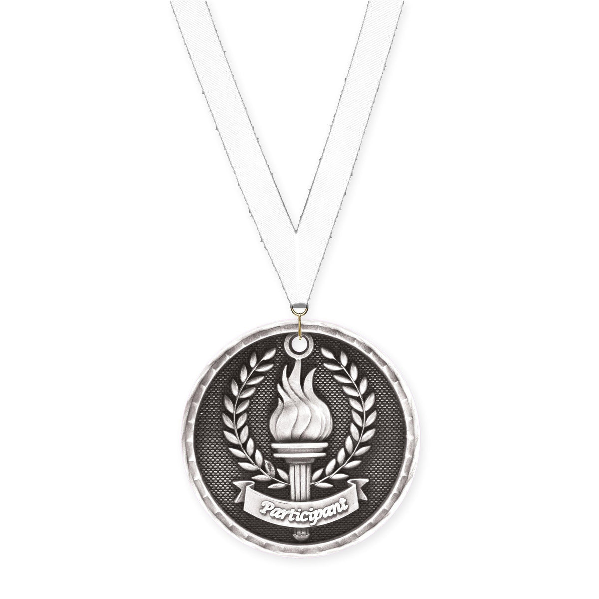 2 inch Participant 3-D medal in antique silver with White neck ribbon