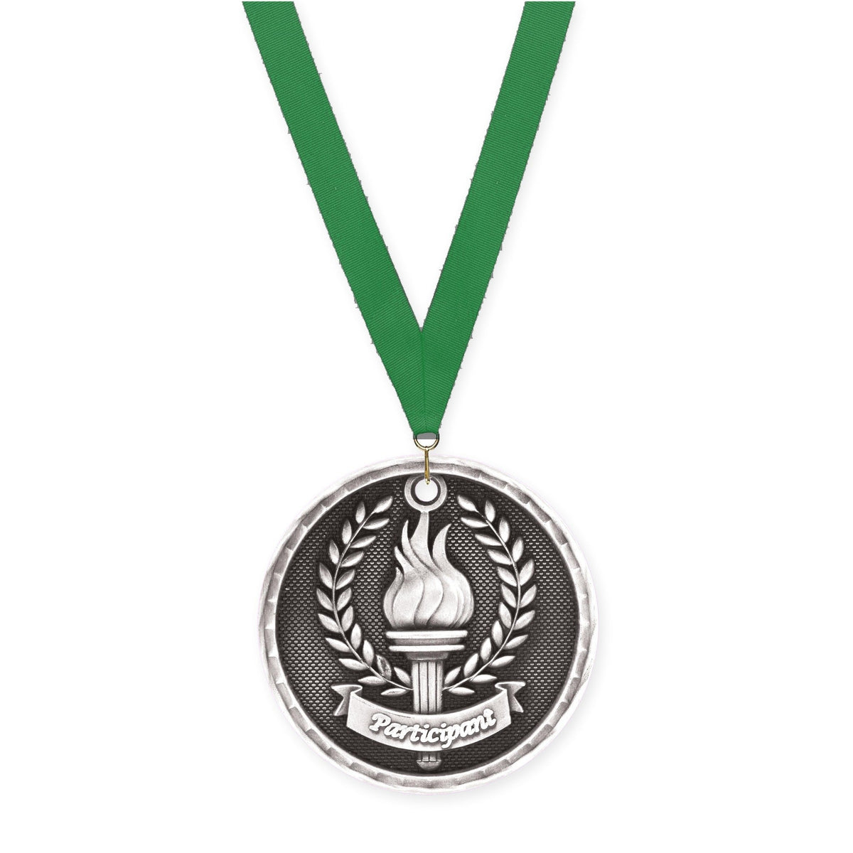 2 inch Participant 3-D medal in antique silver with Green neck ribbon