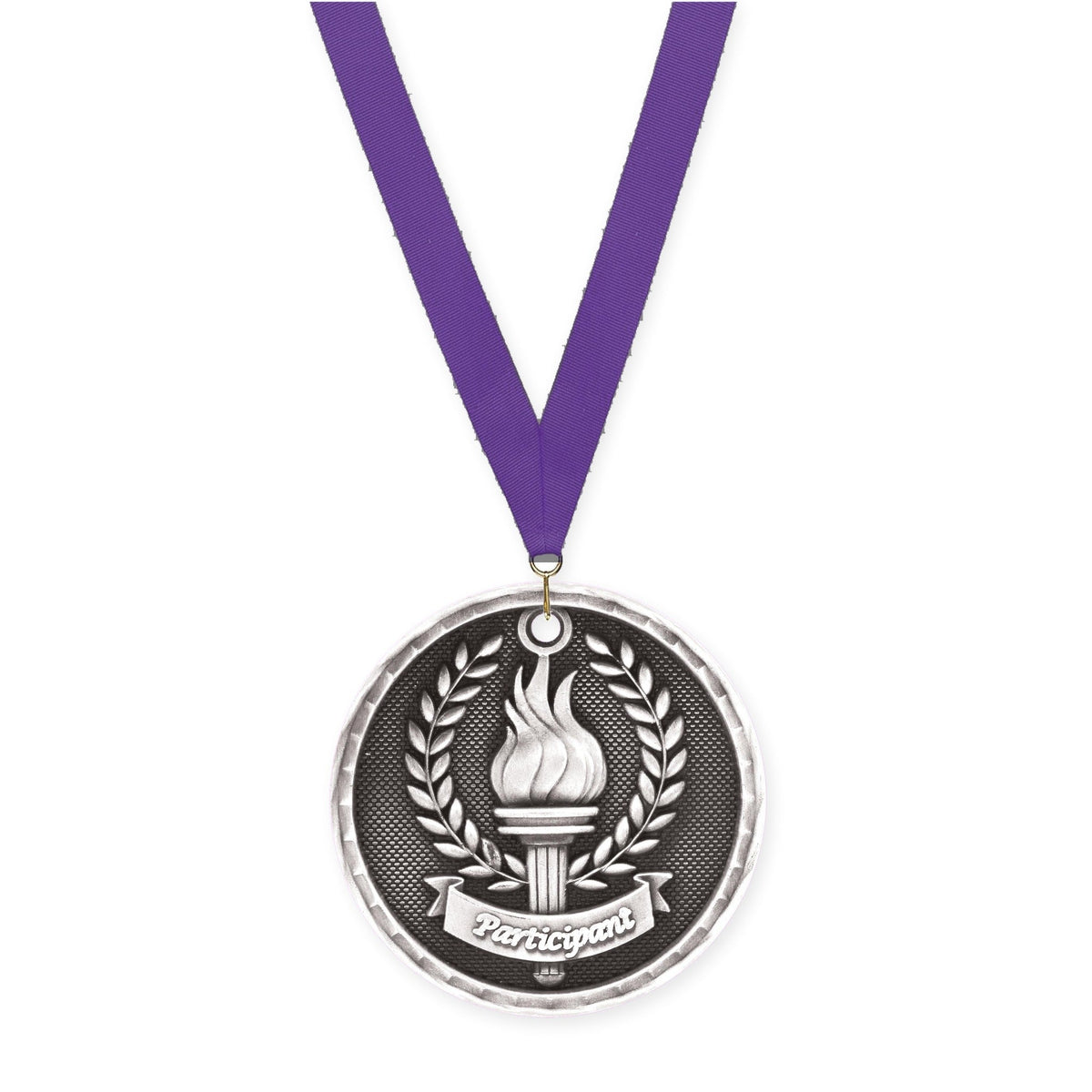 2 inch Participant 3-D medal in antique silver with Purple neck ribbon