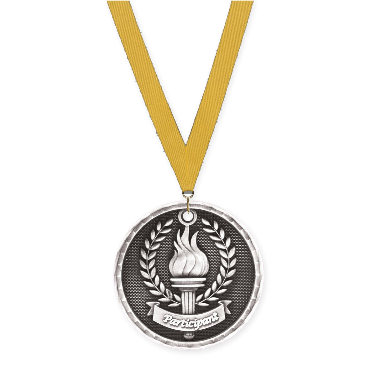 2 inch Participant 3-D medal in antique silver with Gold neck ribbon