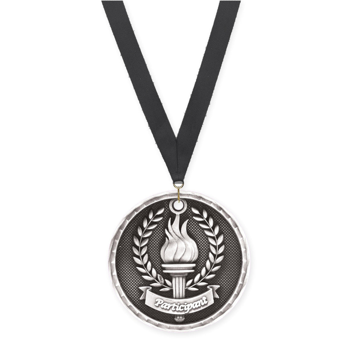 2 inch Participant 3-D medal in antique silver with Black neck ribbon