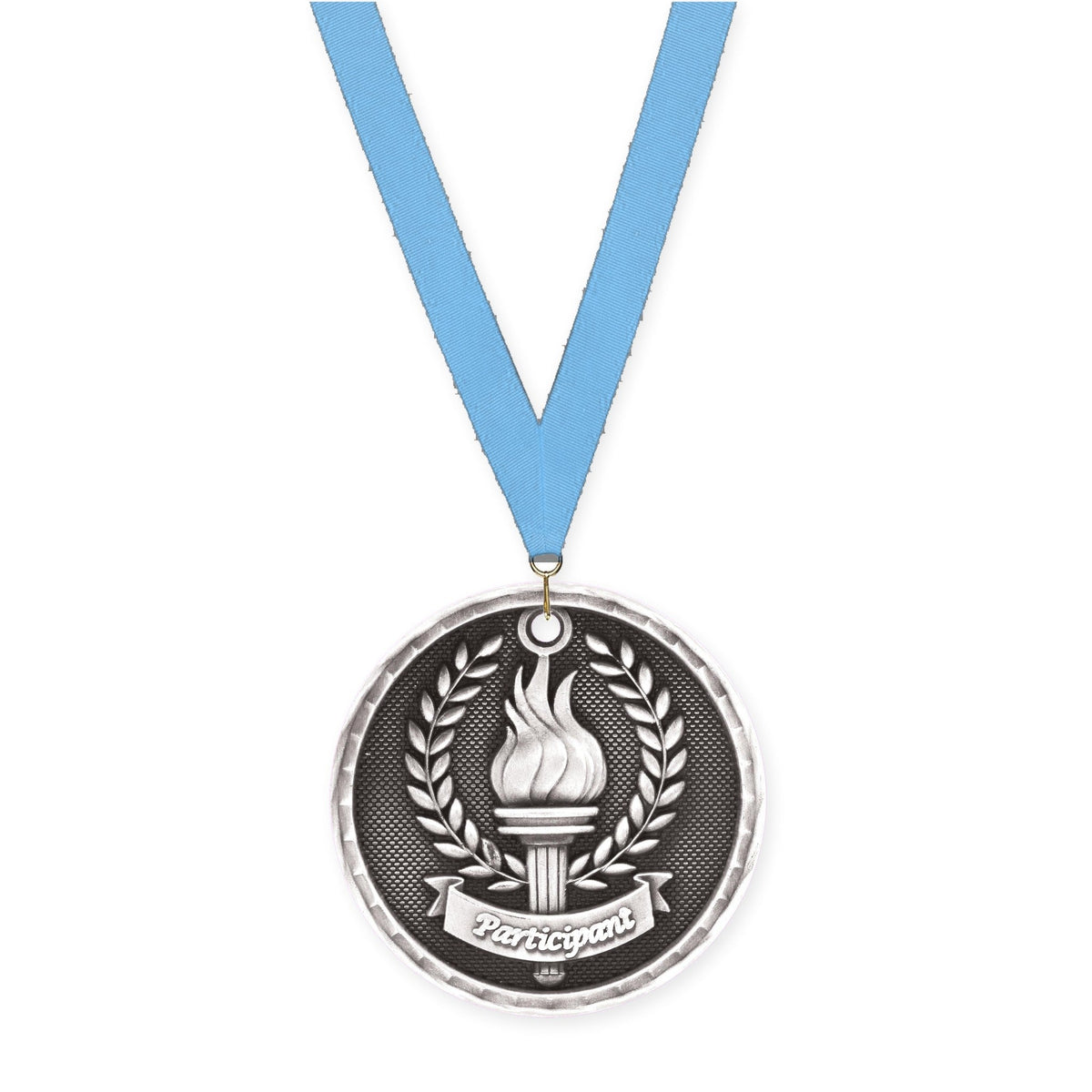 2 inch Participant 3-D medal in antique silver with Light Blue neck ribbon