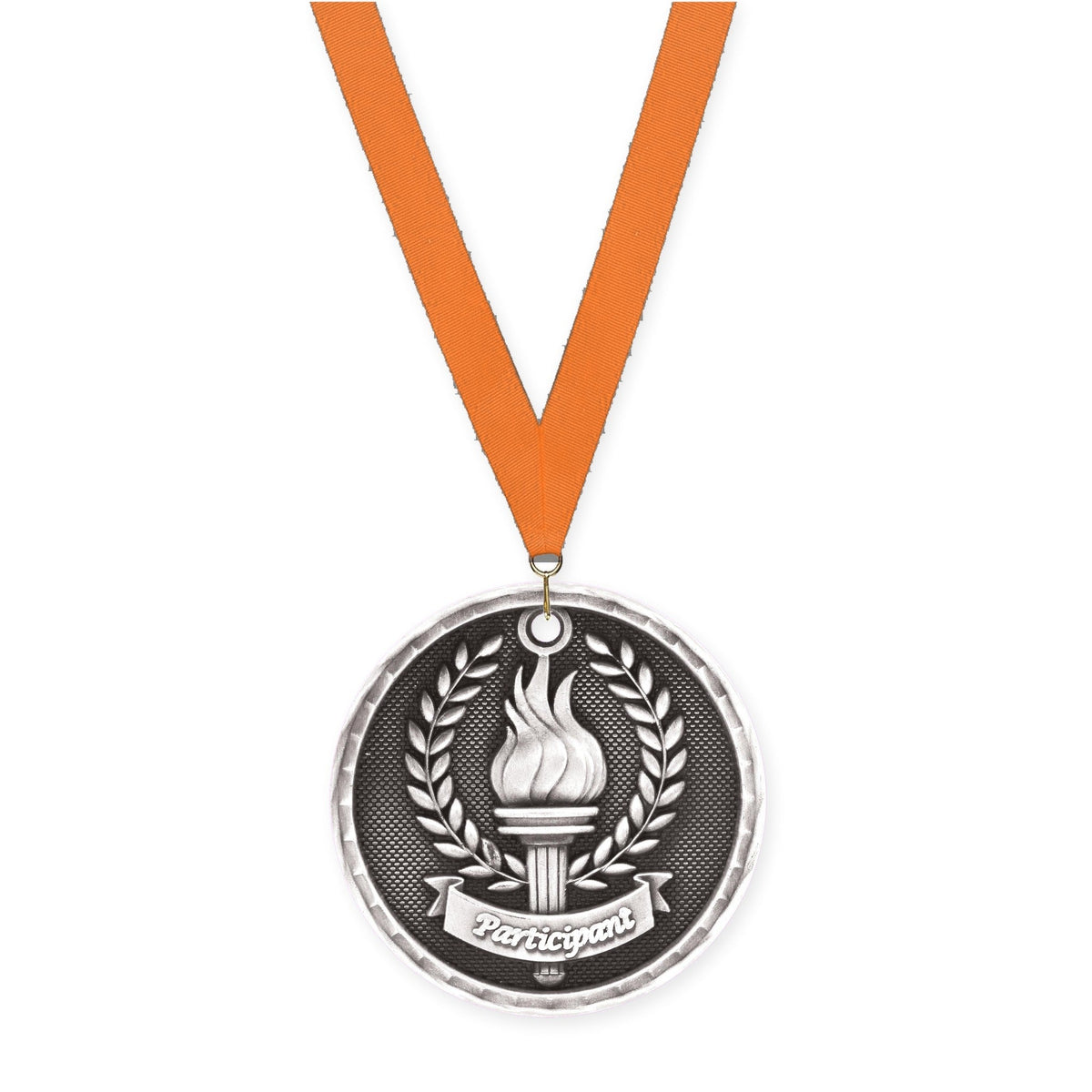 2 inch Participant 3-D medal in antique silver with Orange neck ribbon