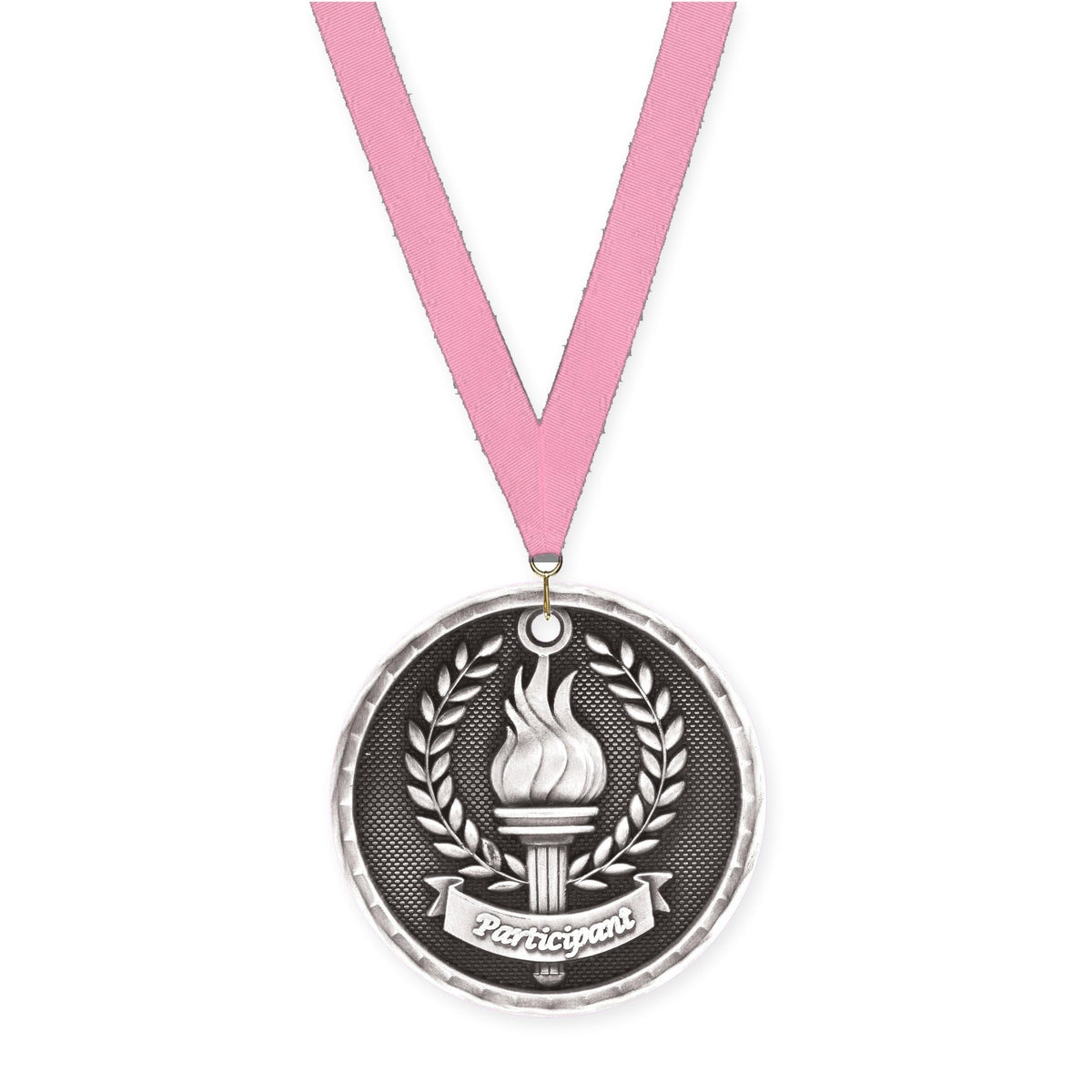 2 inch Participant 3-D medal in antique silver with Pink neck ribbon