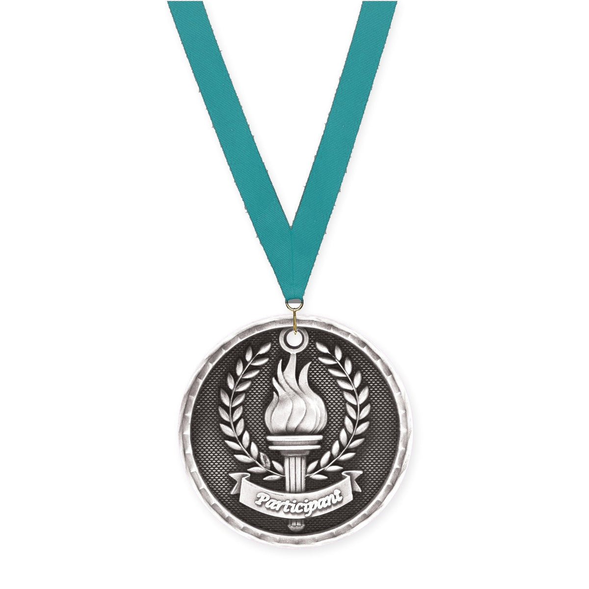 2 inch Participant 3-D medal in antique silver with Teal neck ribbon