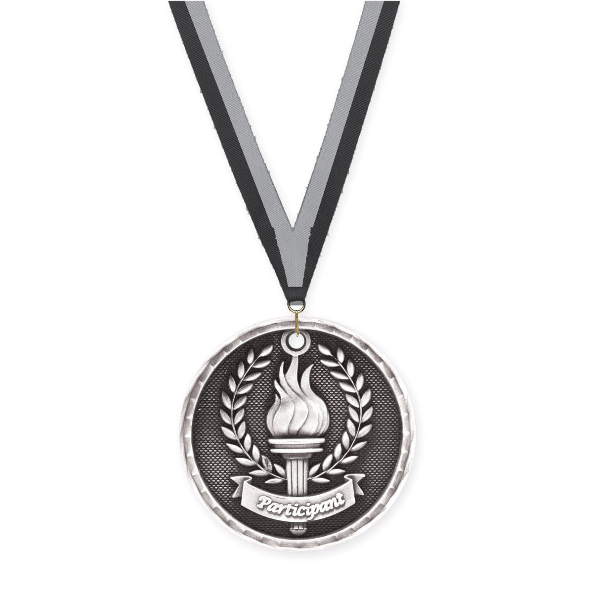 2 inch Participant 3-D medal in antique silver with Black Gray neck ribbon