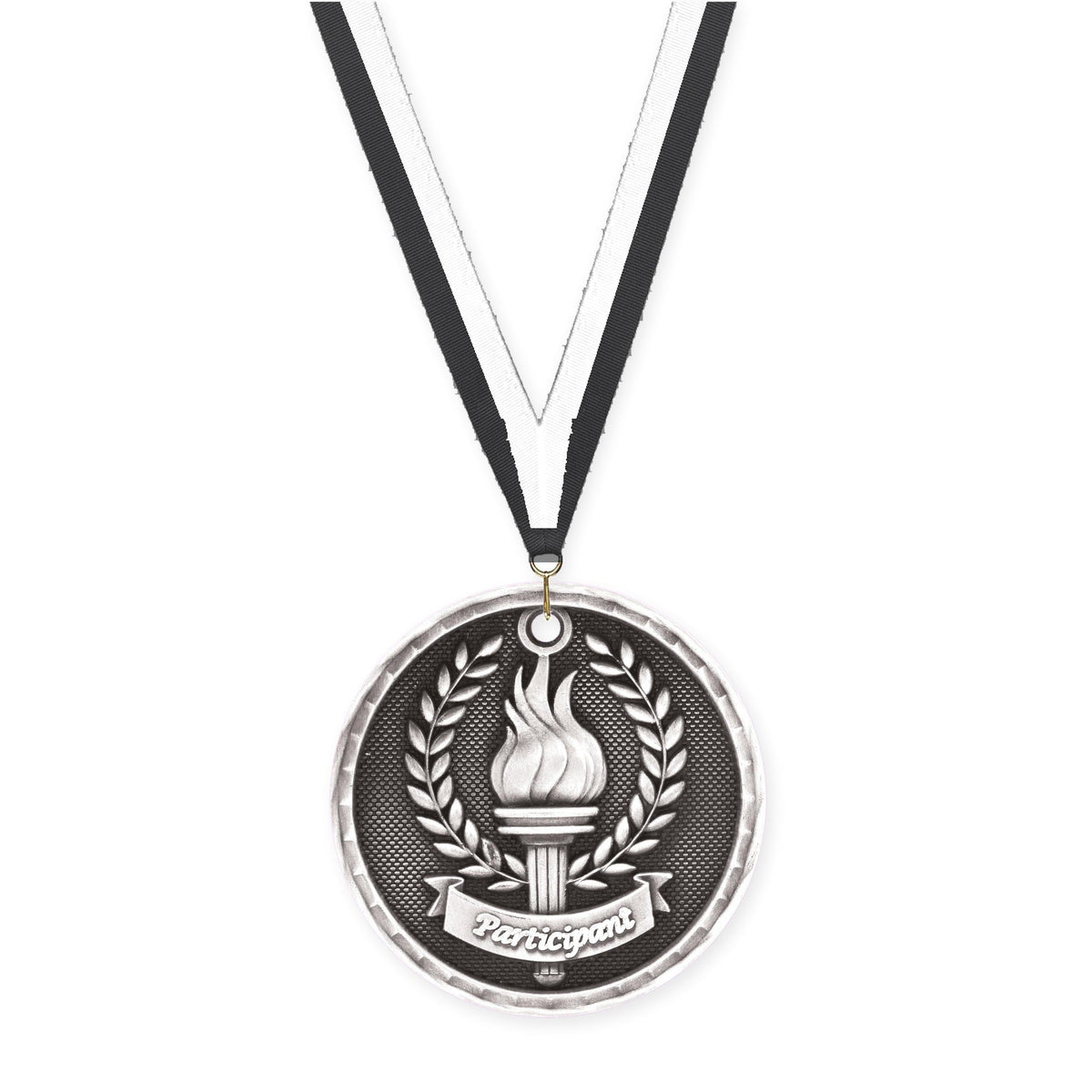 2 inch Participant 3-D medal in antique silver with Black White neck ribbon